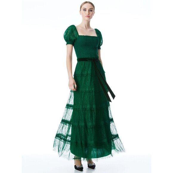 Alice + Olivia Gia Deep Emerald Green Lace Maxi Dress 2 - Picture 1 of 13